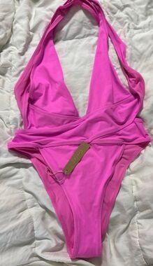 SKIMS recycled swim cut out plunge monokini TAFFY PINK nwt small